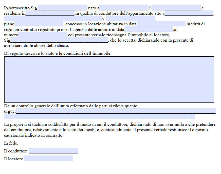 Verbale di Riconsegna Immobile Nulla a Pretendere
