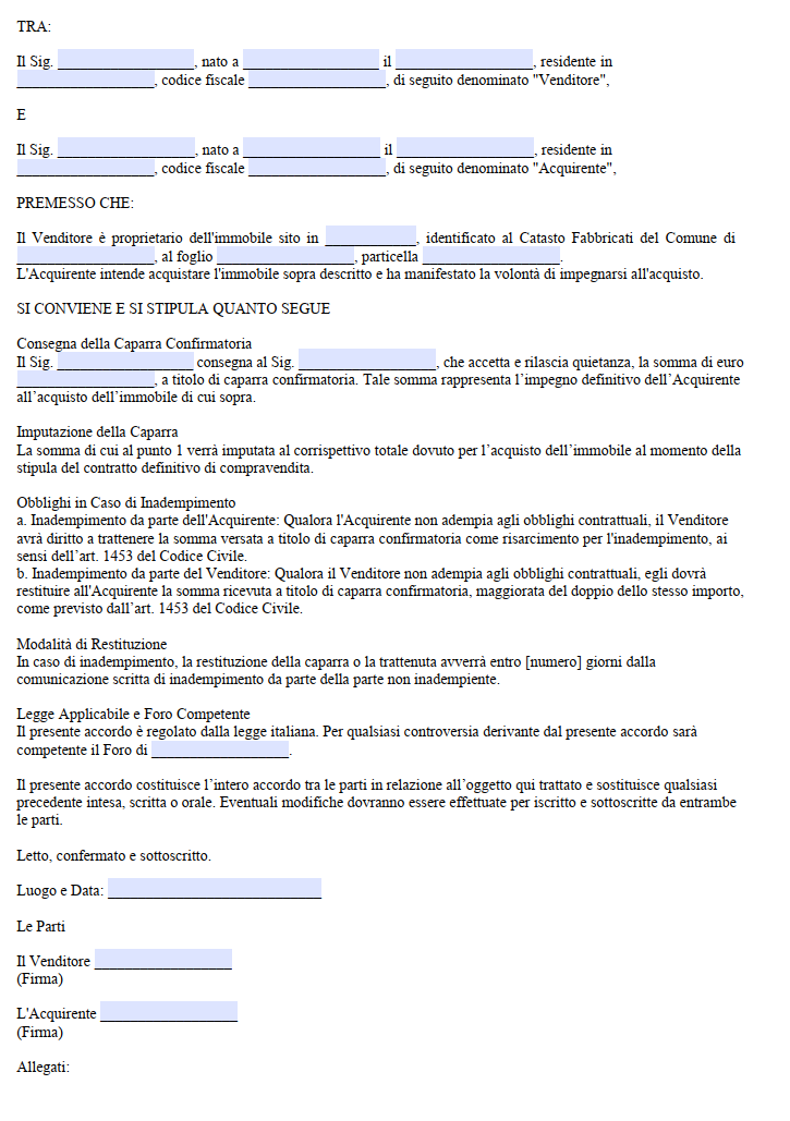 Caparra Confirmatoria Acquisto Casa