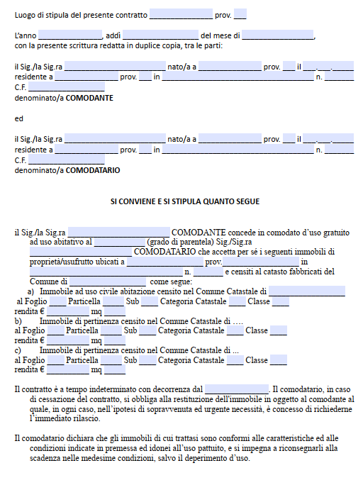 Comodato d'uso gratuito immobile a tempo indeterminato