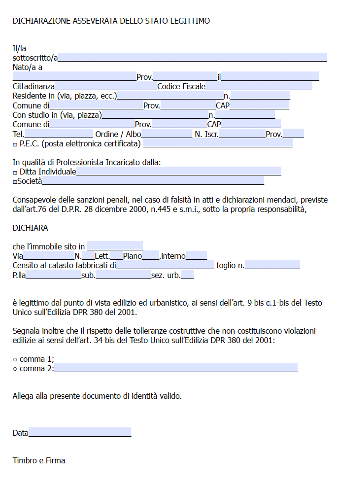 Dichiarazione Stato Legittimo Immobile