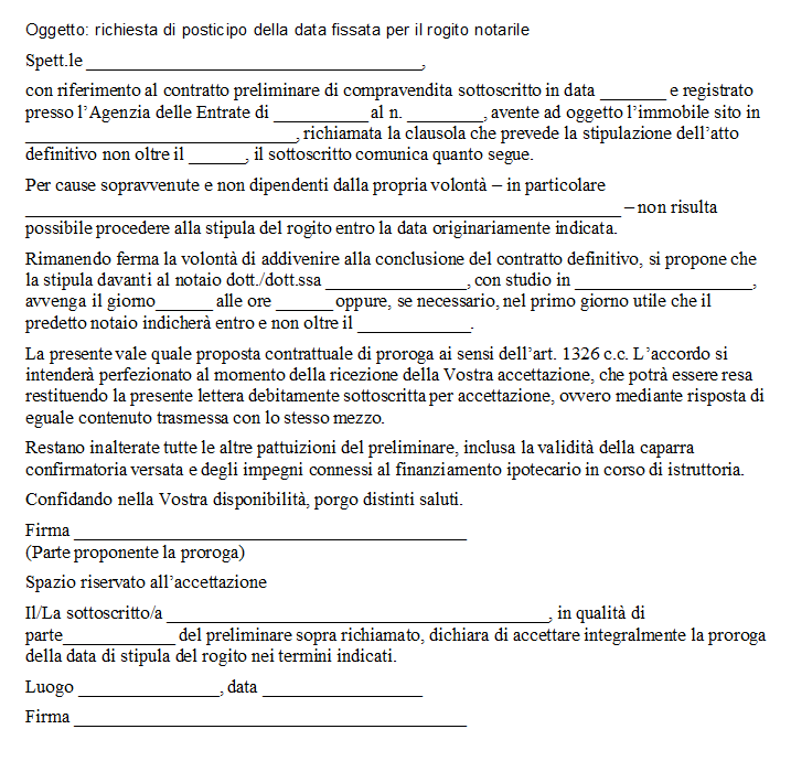 Lettera per Posticipo Data Rogito