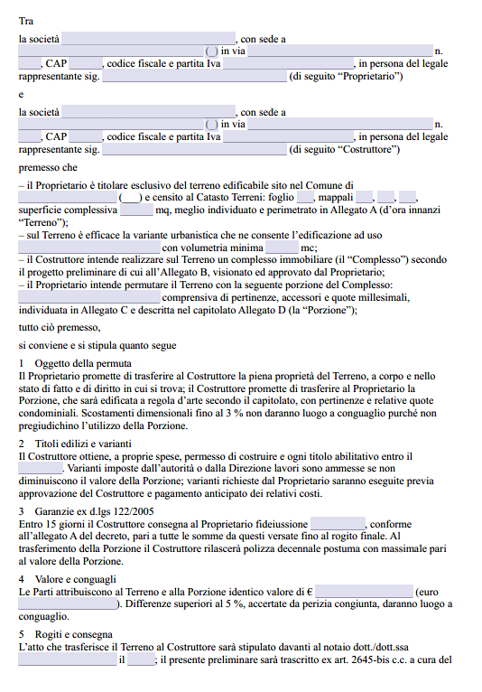Contratto Preliminare di Permuta Immobile da Costruire