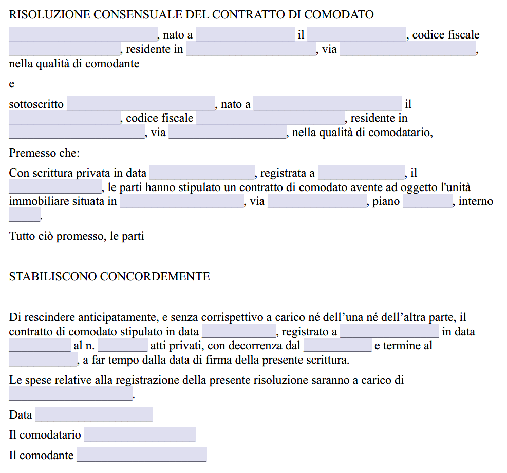 Risoluzione Consensuale Contratto di Comodato d'Uso Gratuito