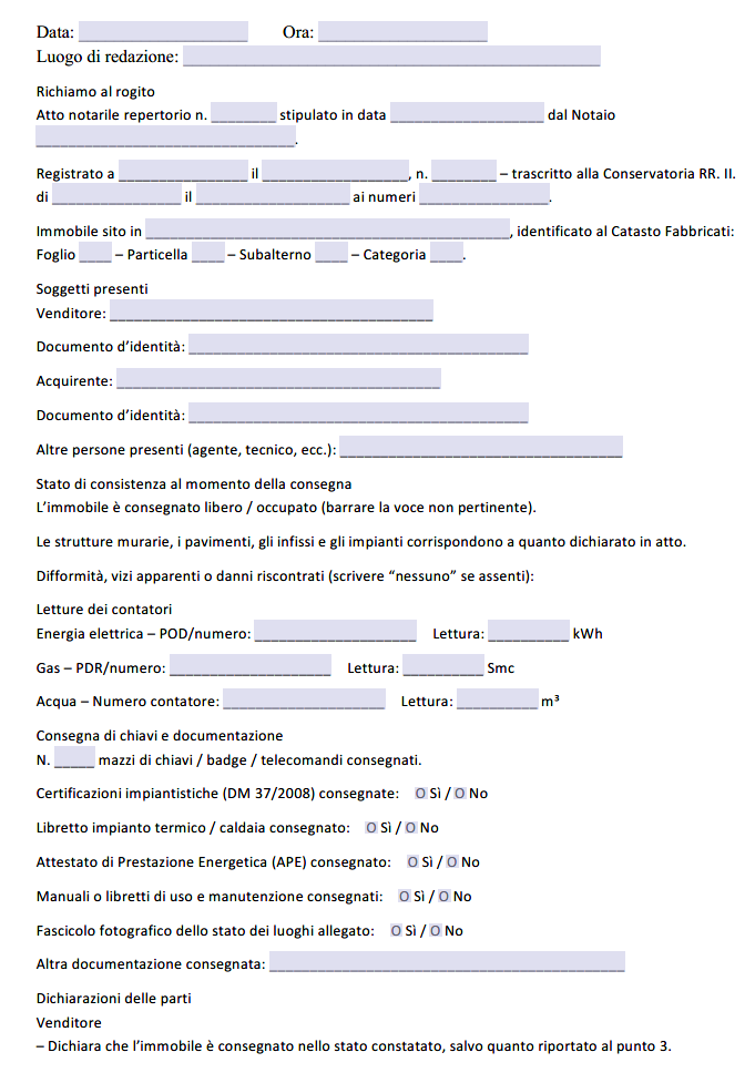 Verbale Consegna Immobile Dopo Rogito