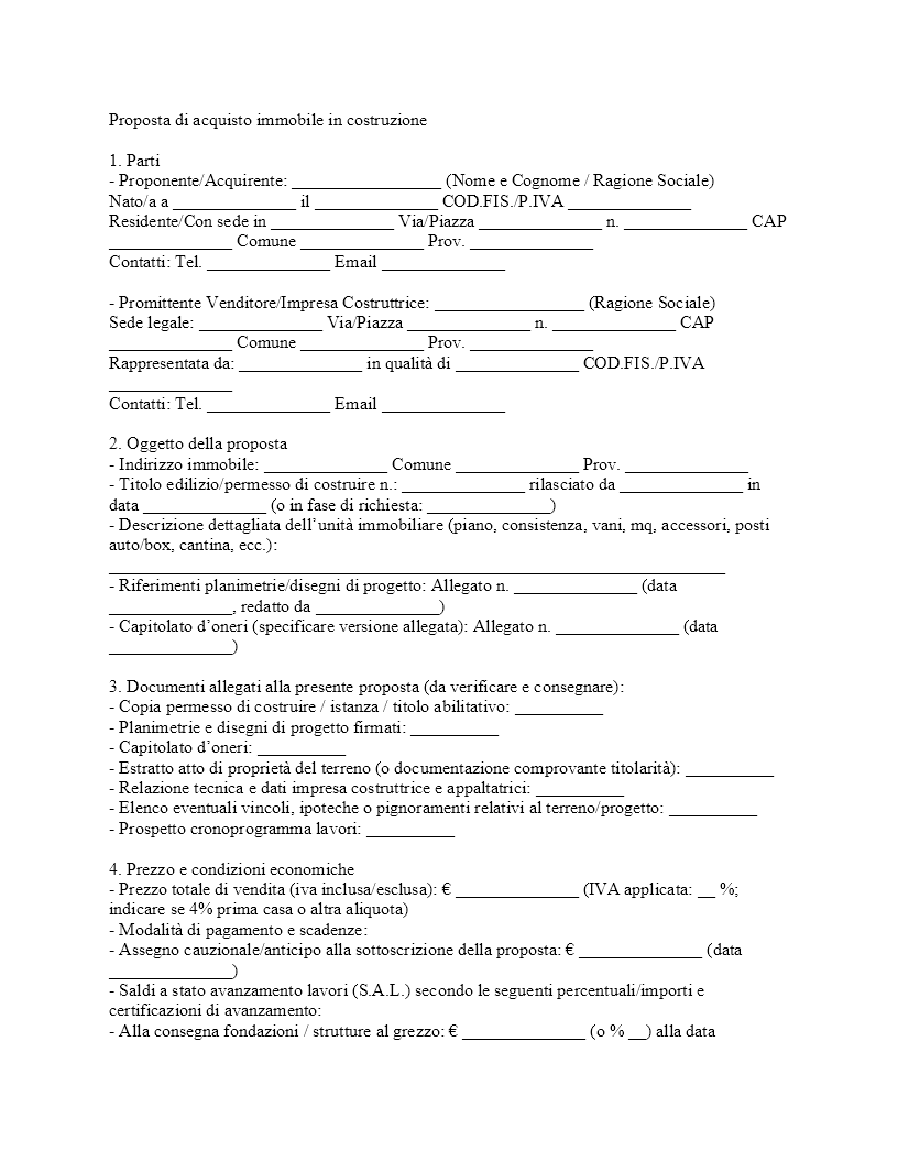 Proposta di acquisto immobile in costruzione