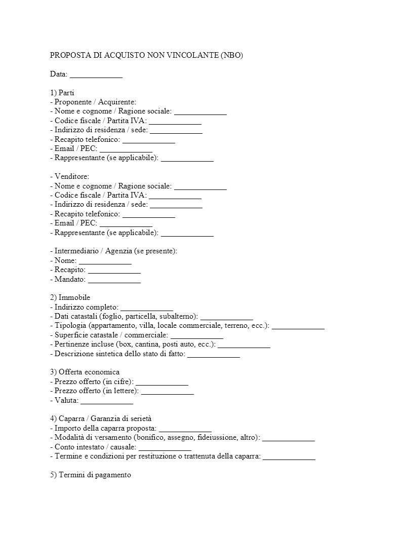 Proposta di acquisto non vincolante
