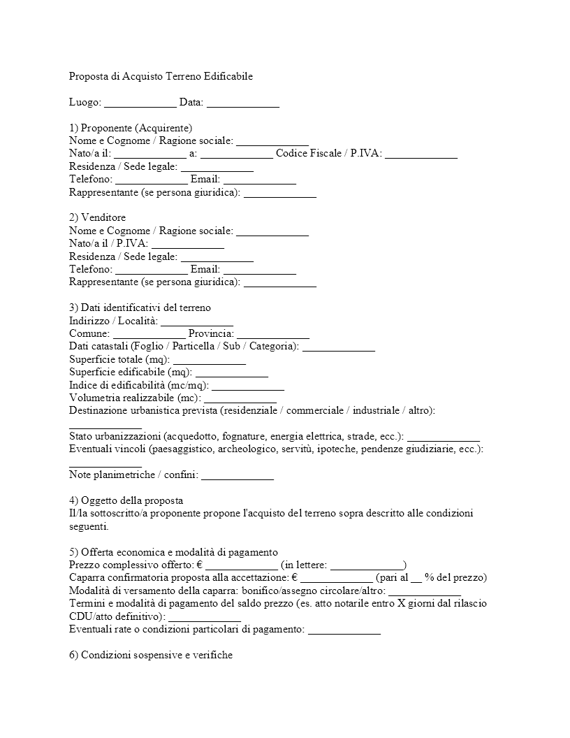 Proposta di acquisto terreno edificabile