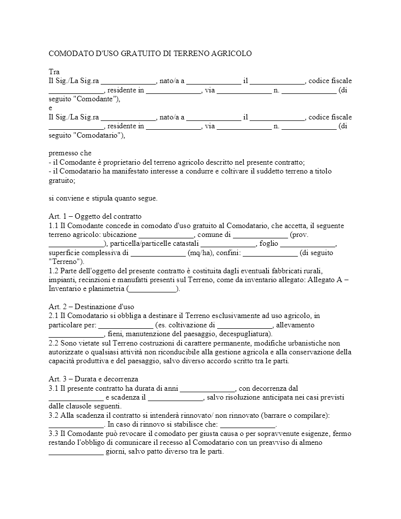 Comodato d'uso gratuito terreno agricolo