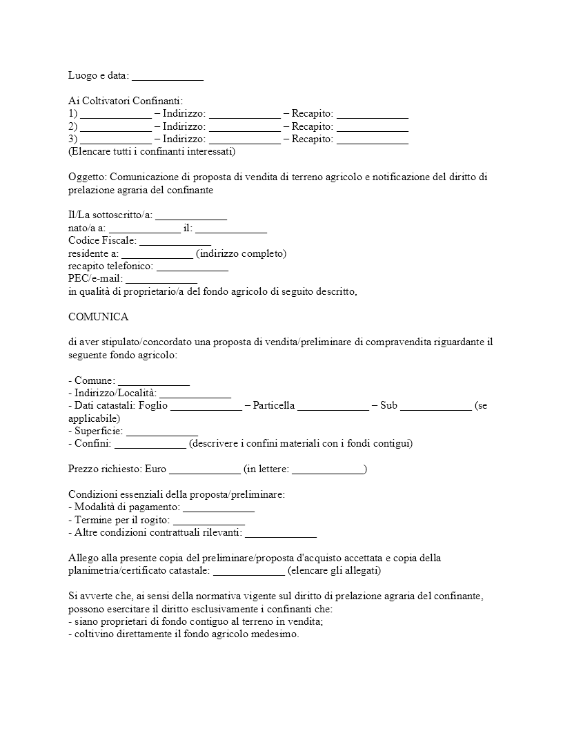 Lettera ai confinanti per vendita terreno agricolo