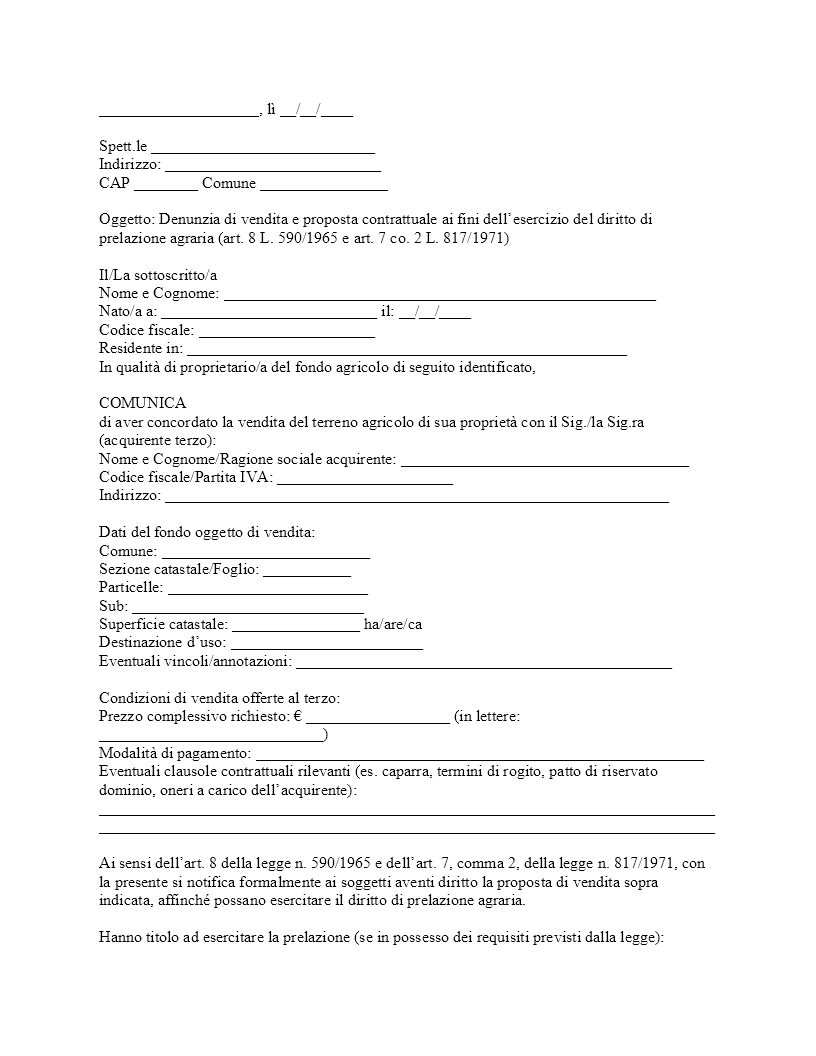 Lettera prelazione terreno agricolo