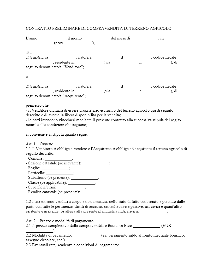 Preliminare di compravendita terreno agricolo