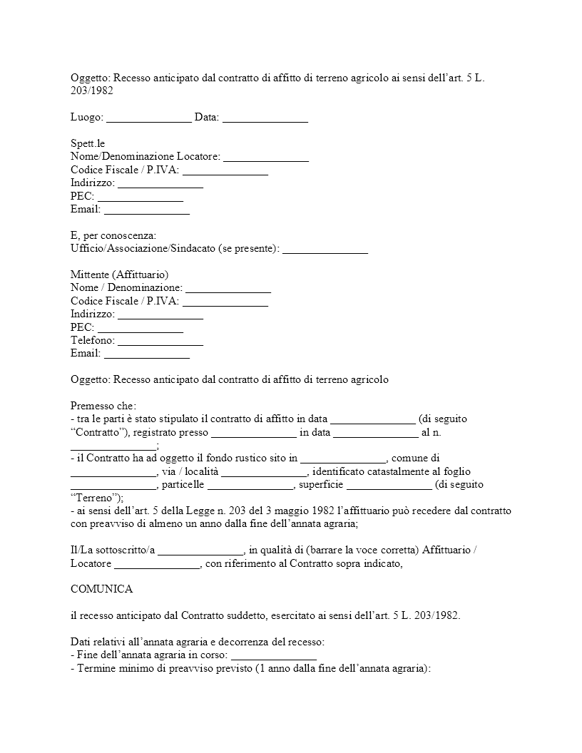 Recesso anticipato contratto di affitto terreno agricolo Recesso anticipato contratto di affitto terreno agricolo