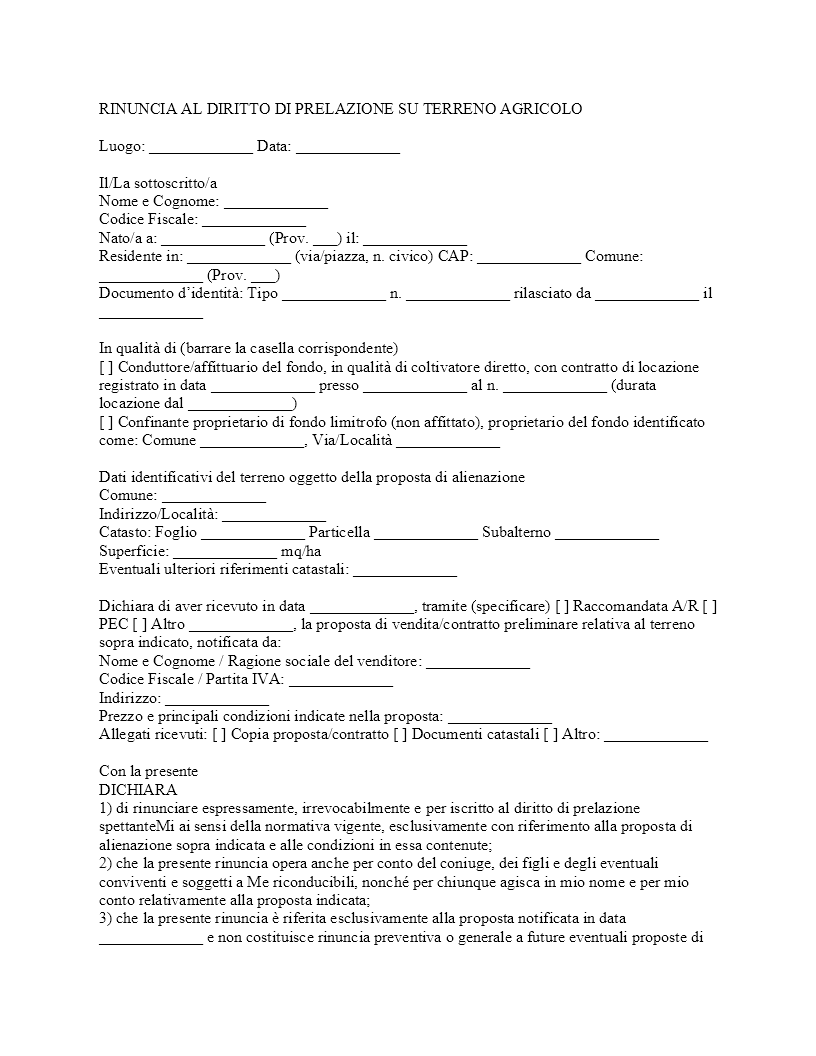 Rinuncia diritto di prelazione terreno agricolo