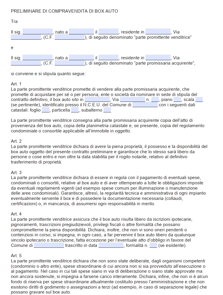 Preliminare di Compravendita Box Auto