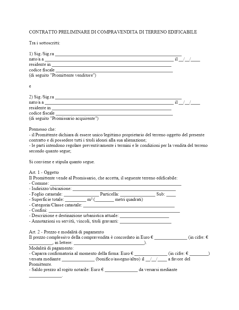 Contratto preliminare di compravendita terreno edificabile