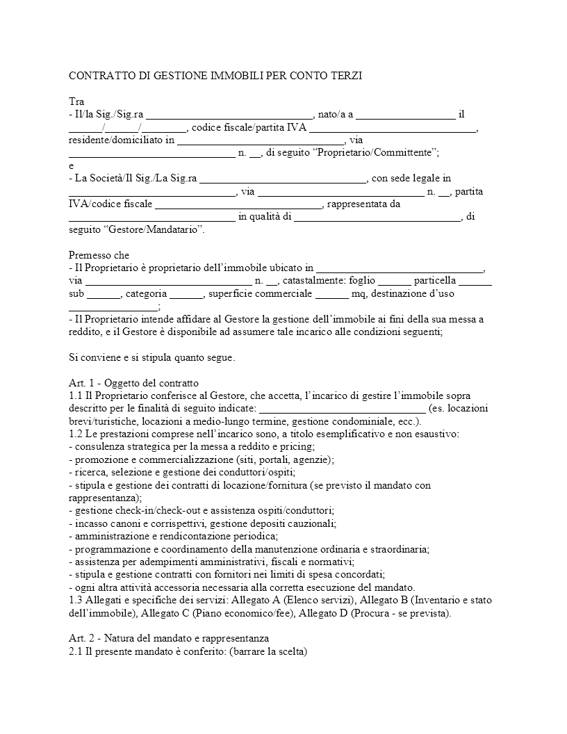 Contratto di gestione immobili per conto terzi