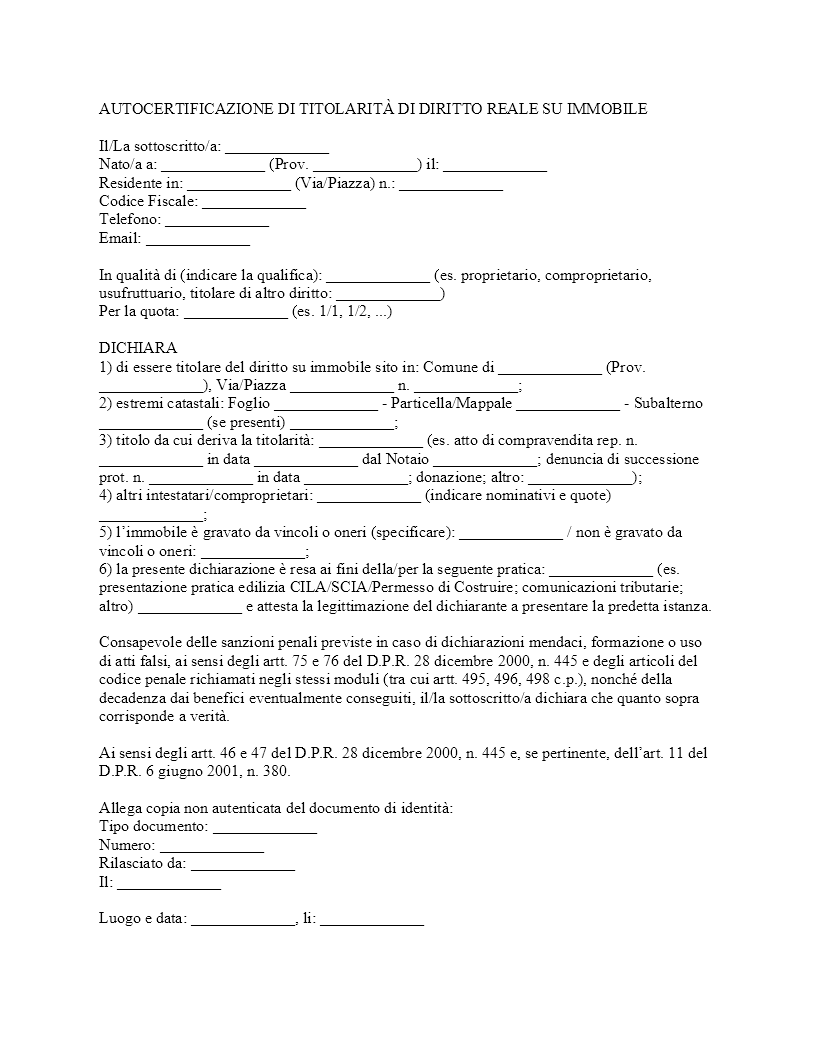 Autocertificazione proprietà immobile