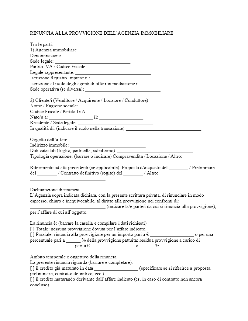 Rinuncia provvigione agenzia immobiliare