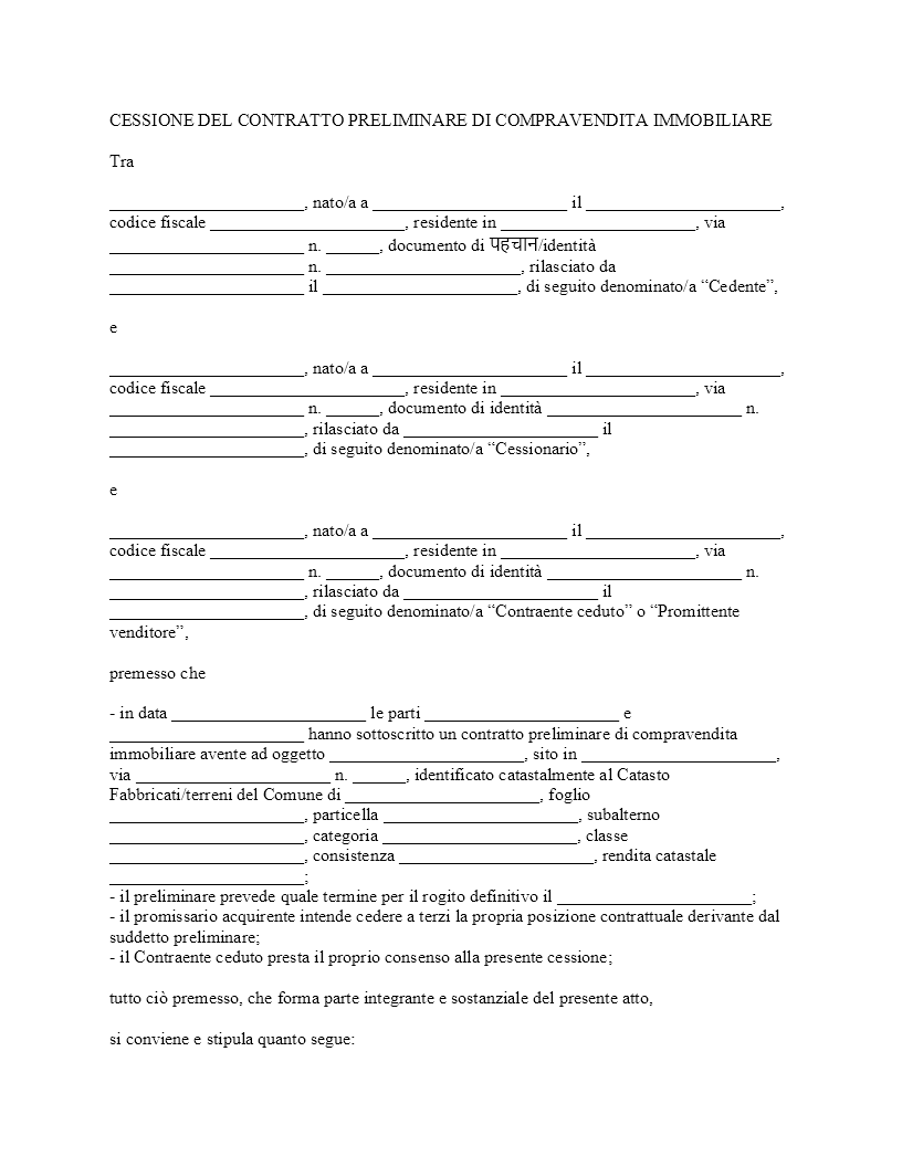 Cessione preliminare di compravendita immobiliare Cessione preliminare di compravendita immobiliare