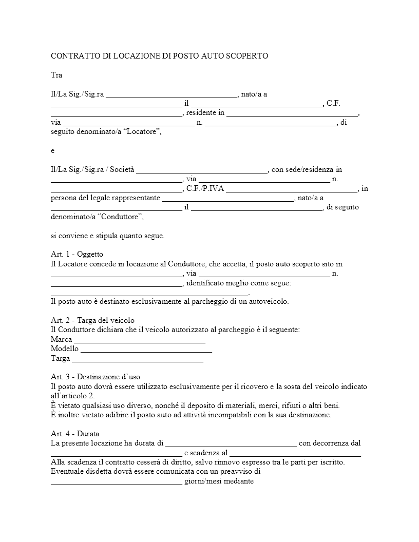 Contratto di locazione posto auto scoperto