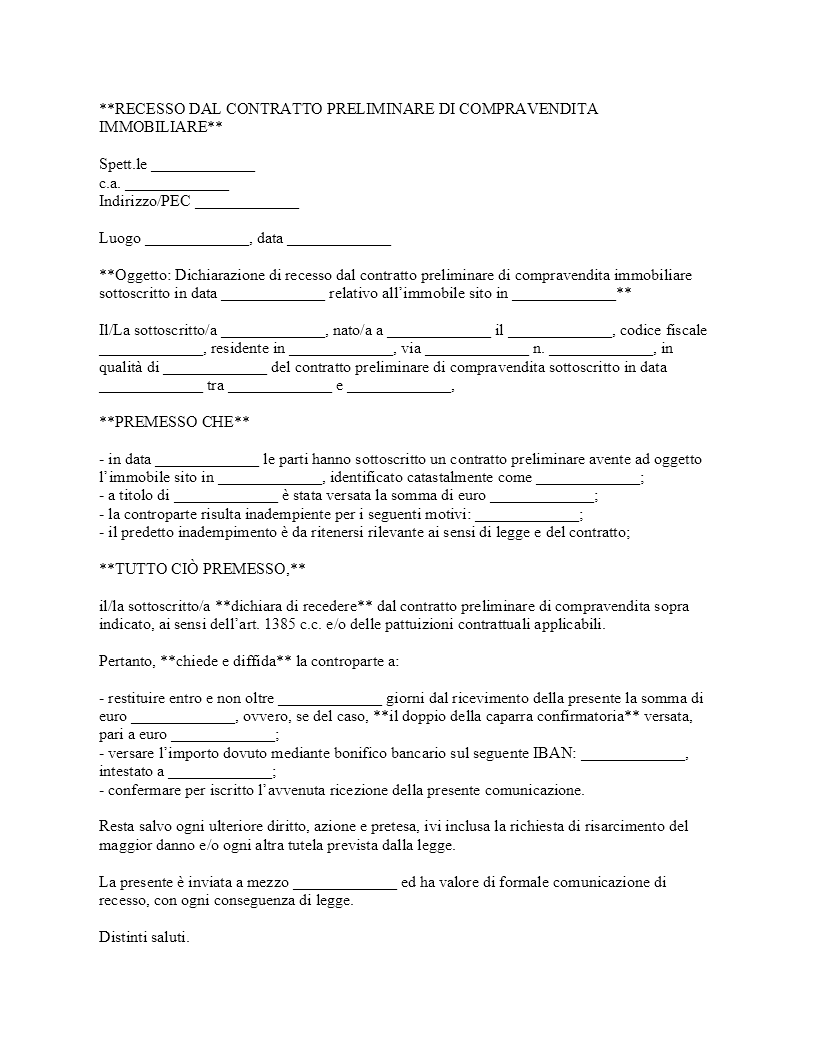 Recesso contratto preliminare di compravendita